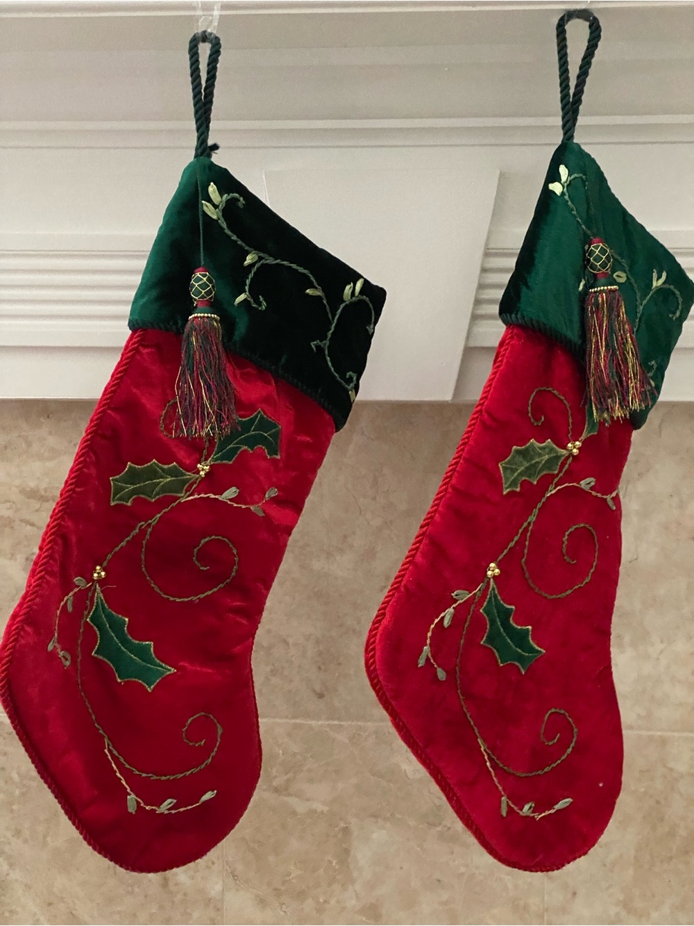 2 Vintage Prima Creations Red Green Velvet Christmas Stockings Embroidery Tassel